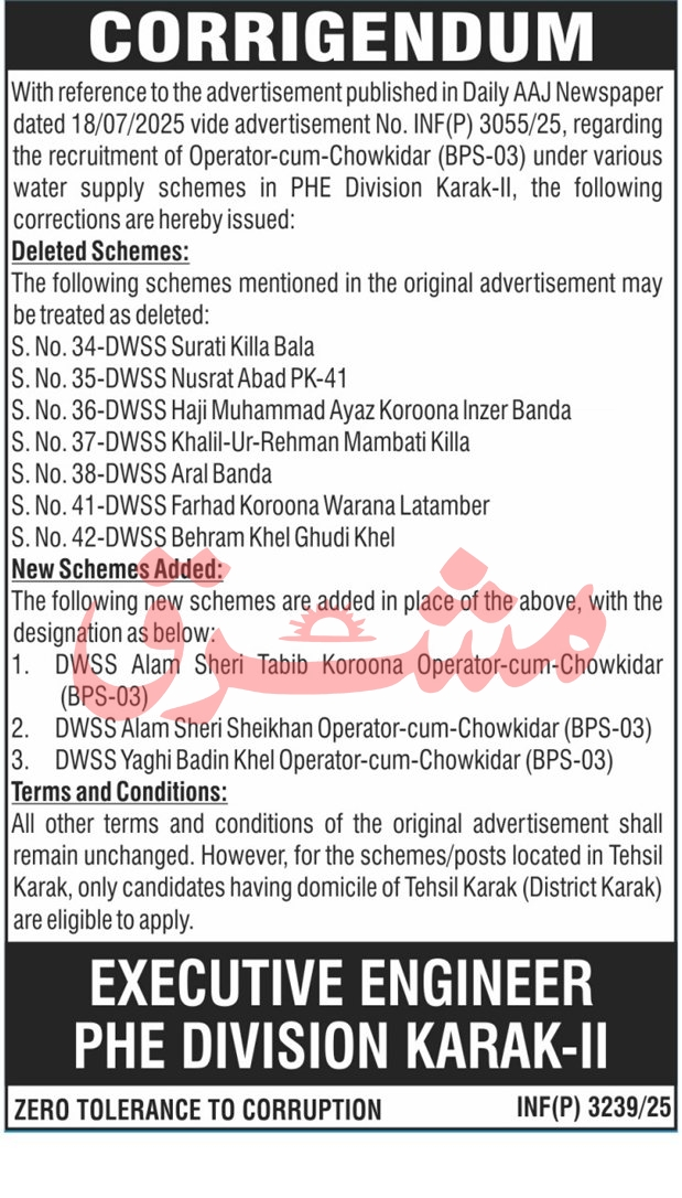PHE Division Karak Tender Notice